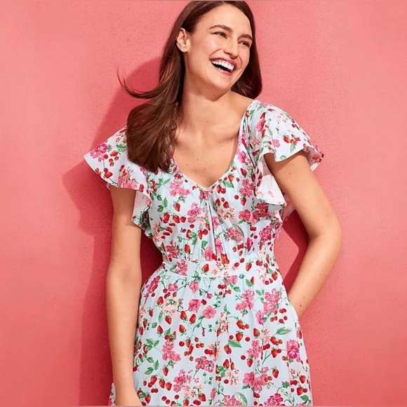 NWOT Ann Taylor Red Floral Aqua Blue V-neck Flutter Sleeve Cotton Midi Dress 12 - Picture 5 of 12